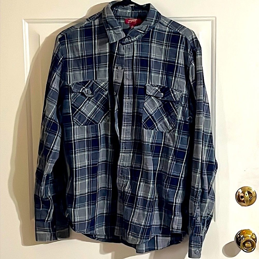 Large blue w/ mint green lines button down